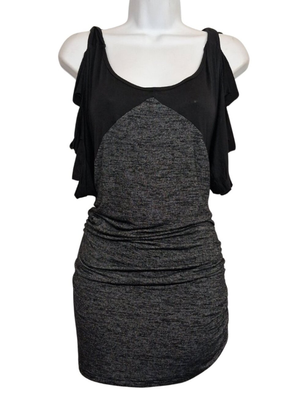 NEXTMIA Cold Shoulder Blouse Ladder Sleeve Black Charcoal Gray Ruched 16 NWT